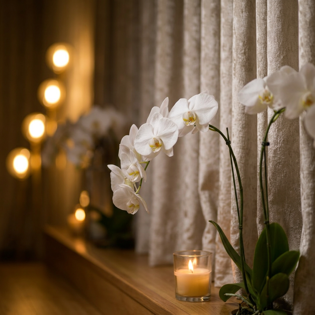 White orchids and baby's breath against champagne silk